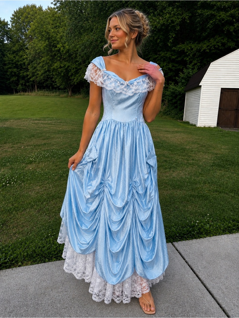 Powder Blue Rococo Bustle Gown | Vintage Lace & Satin Dream XS/S